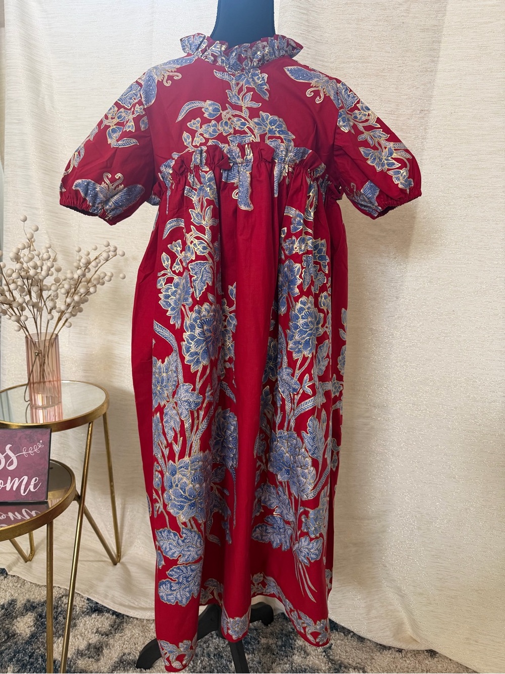 Red Floral BATIK Dress with Blue Flowers Print